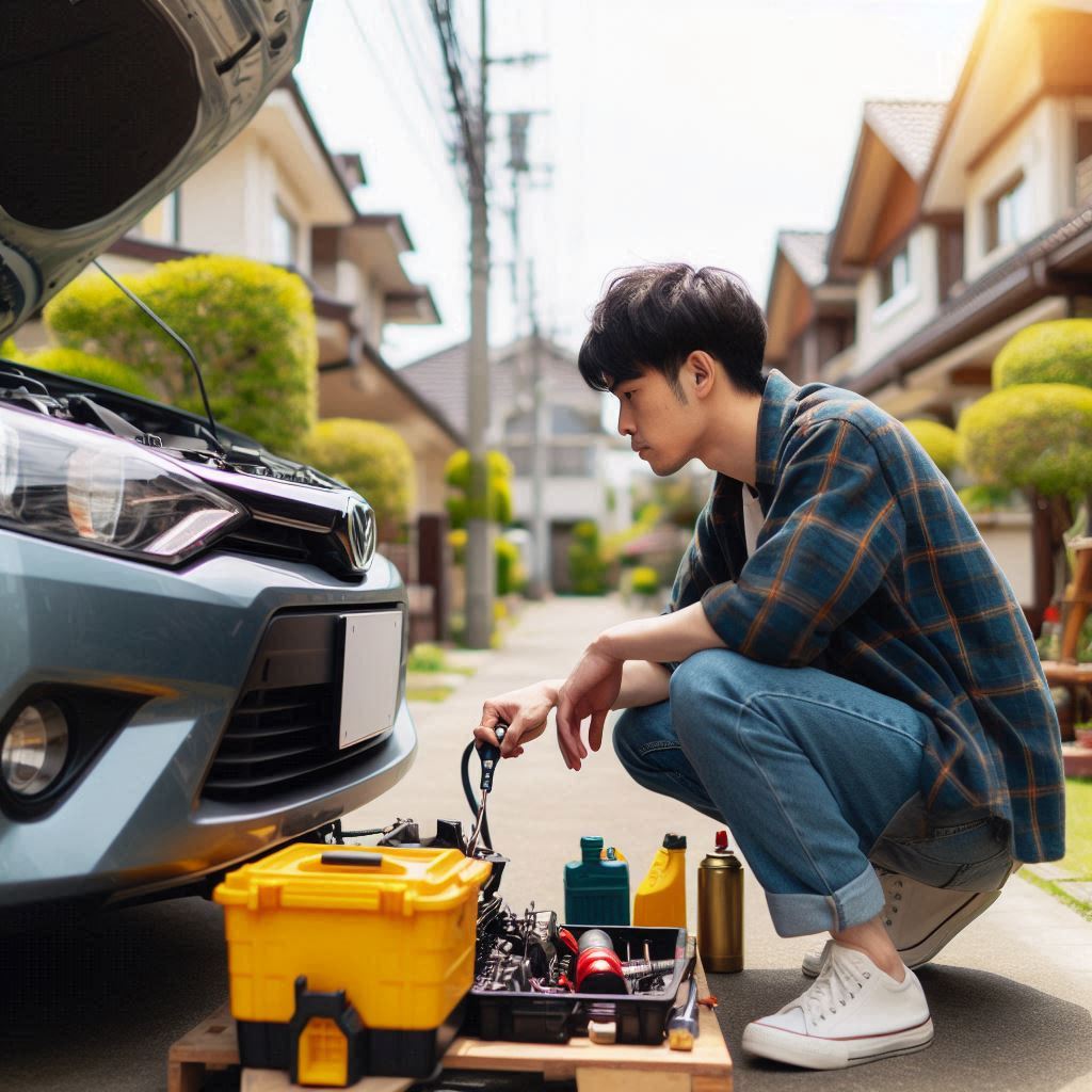 自宅の駐車場で車のメンテナンスをしている人