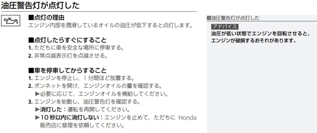 油圧警告灯が点灯時に確認する事項の手順