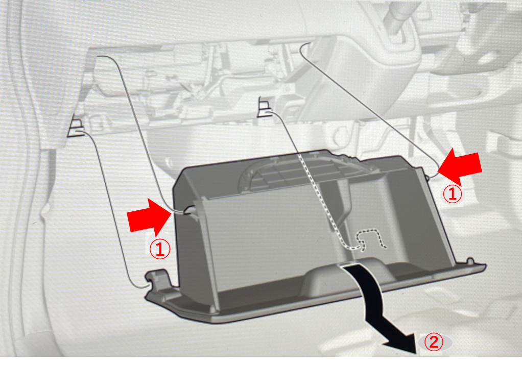 グローブボックスの取り外し方法
グローブボックスの左右の奥を内側に押しこみながら外す