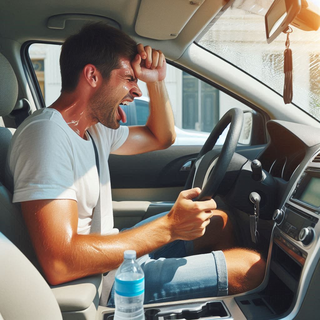 夏にエアコンが壊れた車に乗って汗を沢山かいている運転手