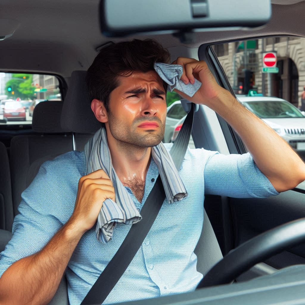 街中でエアコンが故障して汗をかいている運転手