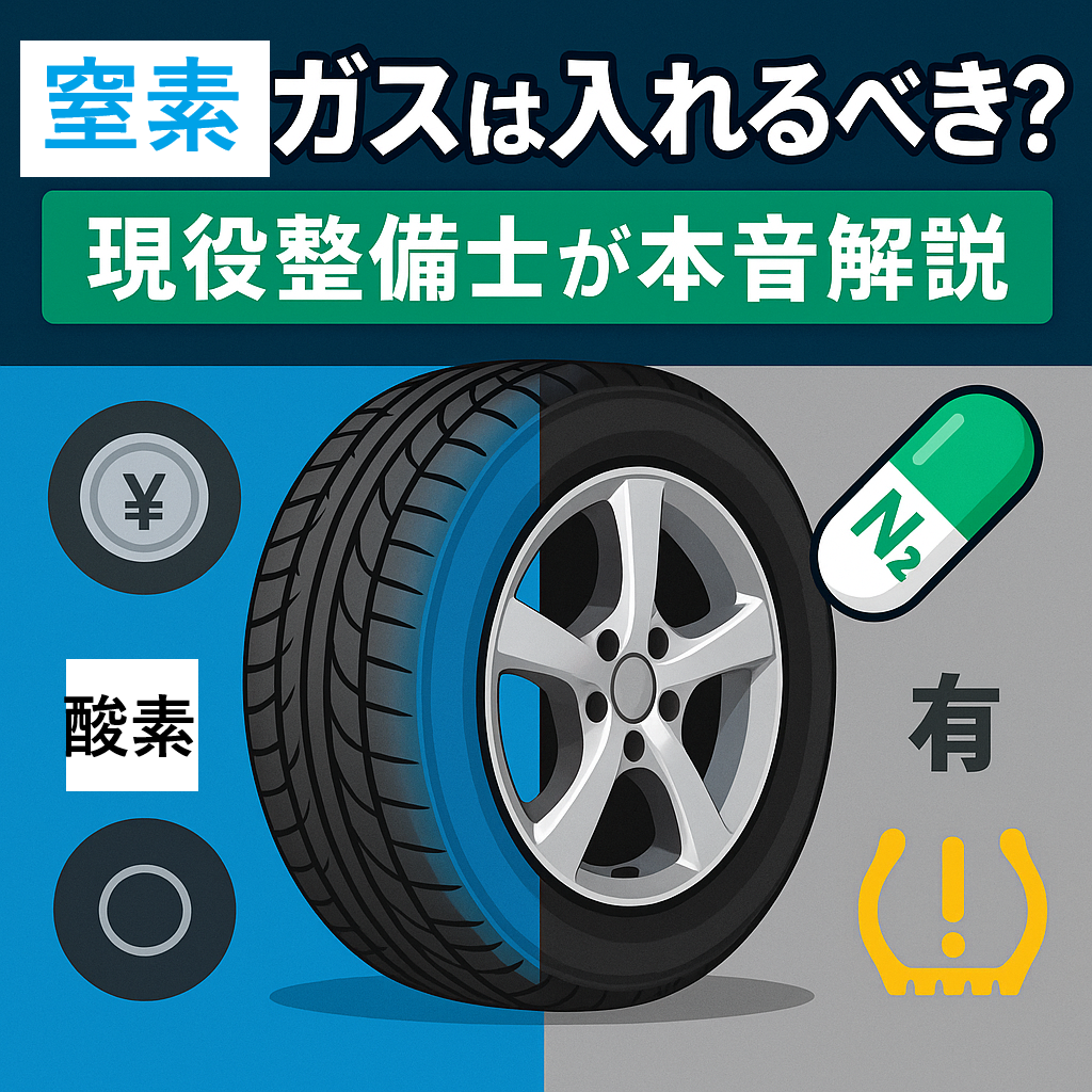 タイヤ断面の半分を窒素ガスN₂(青)、半分を通常空気で示し、「窒素ガスは入れるべき? 現役整備士が本音解説」の見出しを添えた比較サムネイル