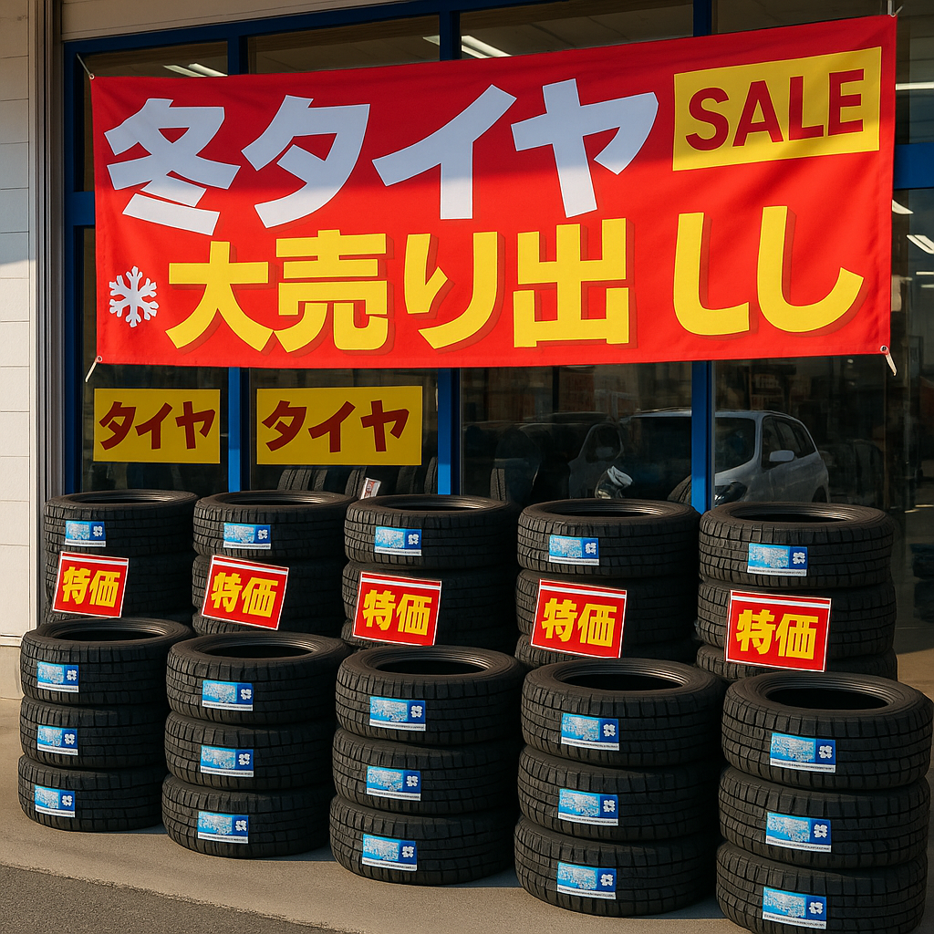 店舗前にスタッドレスタイヤの山積みと「冬タイヤSALE」「特価」の赤黄色POPが目立つ、冬タイヤ安売りセール中のタイヤ販売店の外観