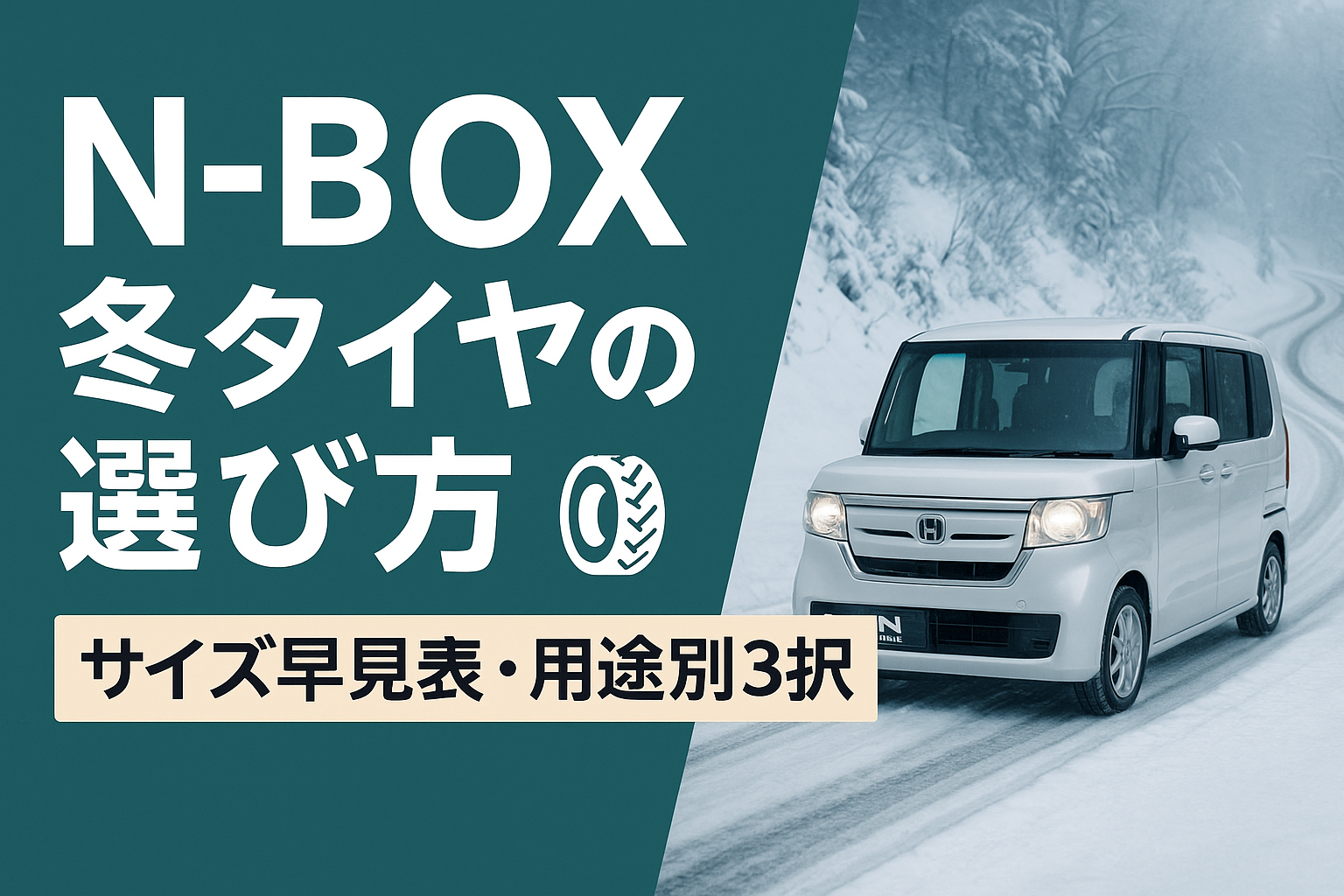 左側に「N-BOX 冬タイヤの選び方」と大きな白字タイトル、右側に雪道を走る白いN-BOXの写真を配置した記事サムネイル。下部に「サイズ早見表・用途別3択」