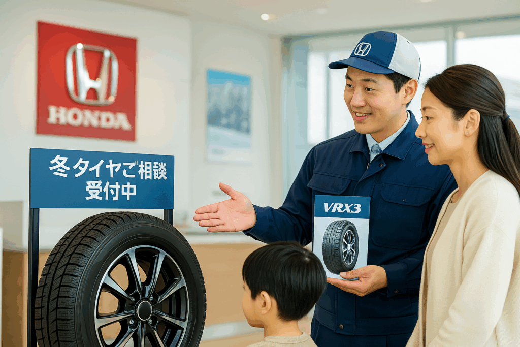 ホンダ系ディーラーのショールームで、整備士が家族連れのお客様にVRX3の冬タイヤを説明している様子。手前に展示タイヤと「冬タイヤご相談 受付中」の看板
