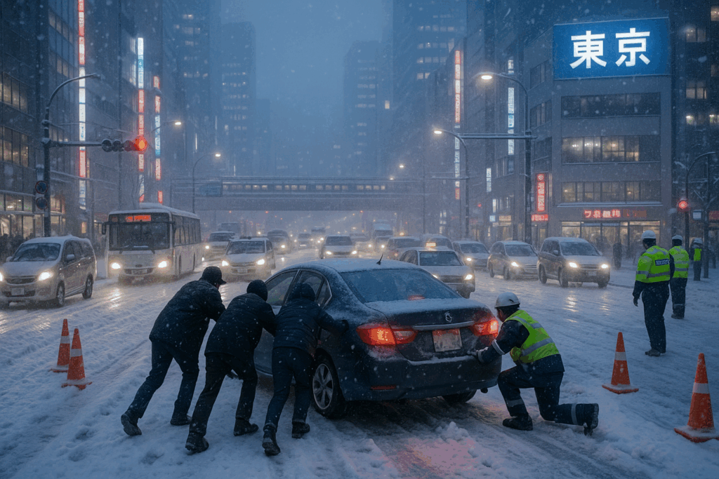 都心で大雪が降って車が立ち往生している様子
