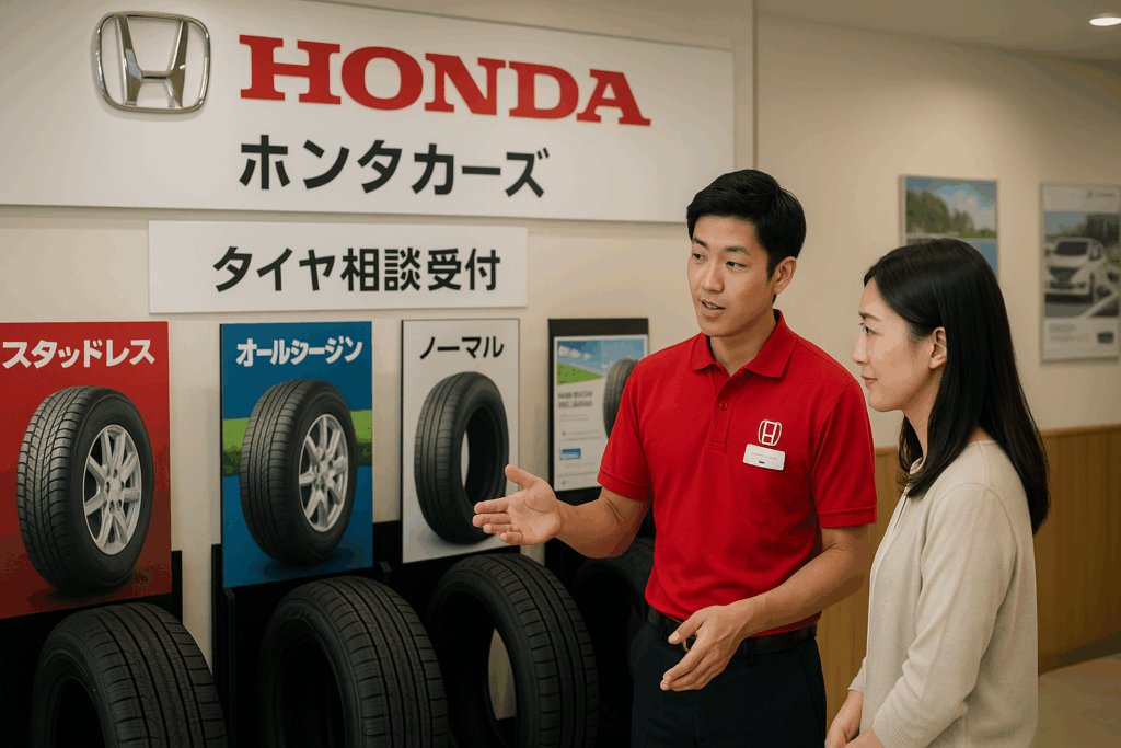 ホンダカーズで店員がお客様にタイヤを説明している様子