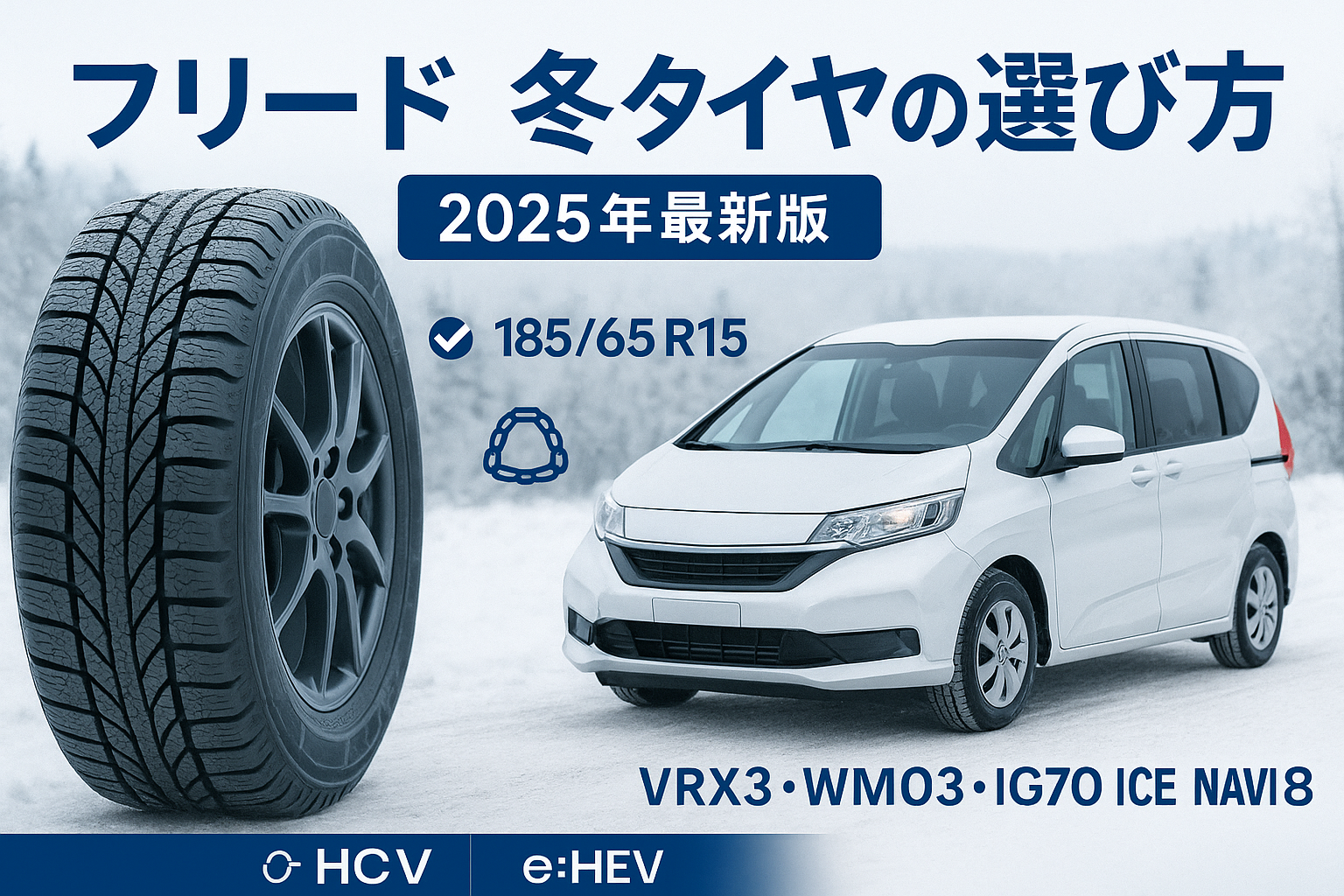 雪道に停車したフリード級ミニバンとスタッドレスタイヤの接写。「フリード 冬タイヤの選び方 2025年最新版」。185/65R15・VRX3・WM03・IG70・ICE NAVI 8を比較解説するサムネイル