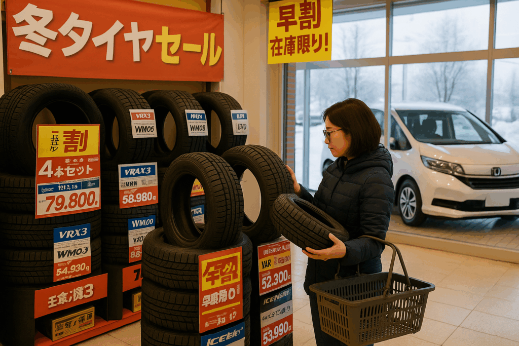 タイヤ販売店の冬タイヤセールコーナーで、女性客が展示タイヤの溝を確認して選定している。背後のガラス越しに白いフリードが見える