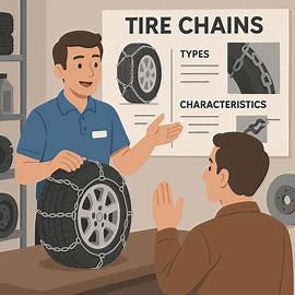 タイヤチェーンの種類や特徴をお客様に説明しているカー用品店の定員