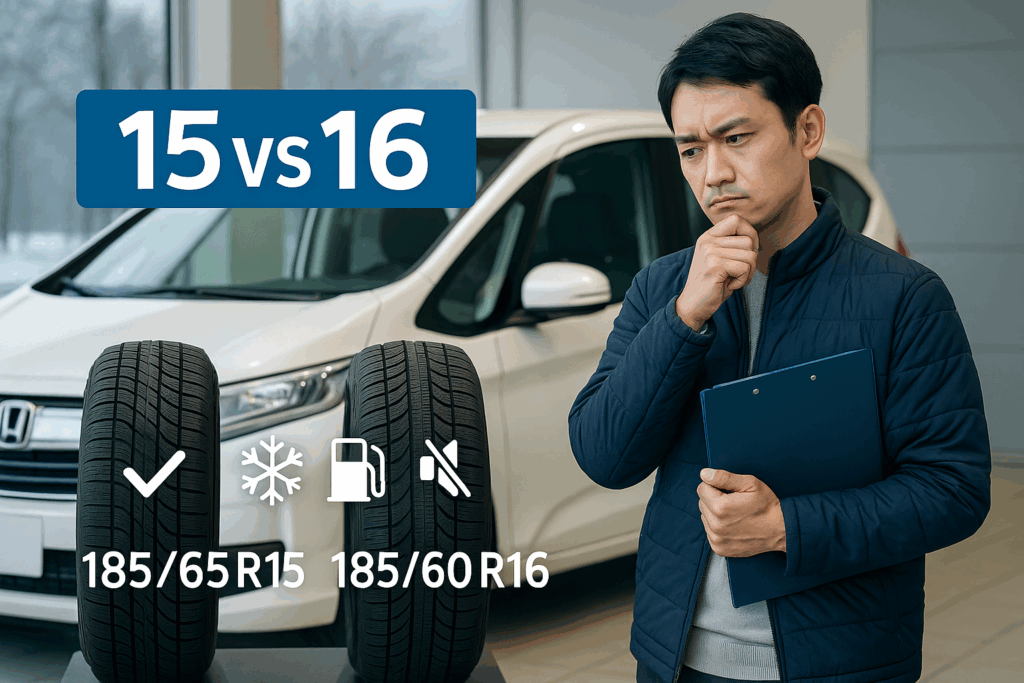 ショールームでフリードの運転手が、185/65R15の15インチと185/60R16の16インチの2本を見比べて悩むシーン。背景に白いフリード、比較アイコン(雪・燃費・静粛・チェック)入り