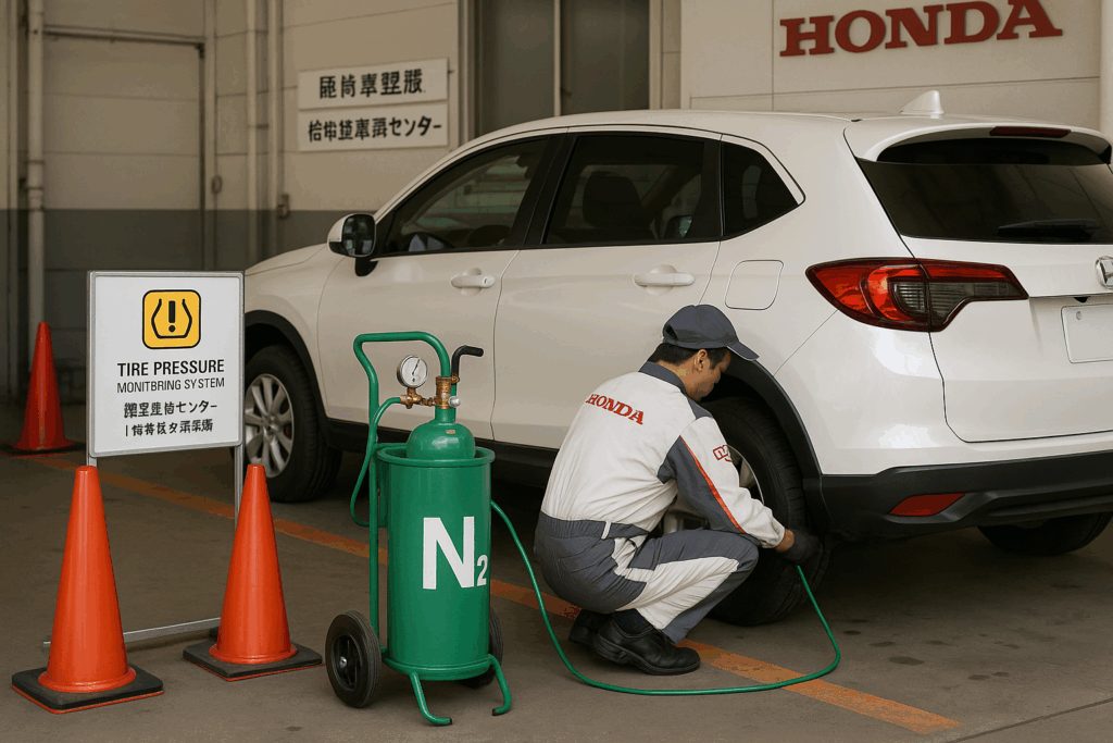 ホンダのサービスベイで整備士が白いSUVの後輪へ窒素ガスN₂を充填している。手前に緑色のN₂ボンベとゲージ、周囲に注意コーンと看板が見える。