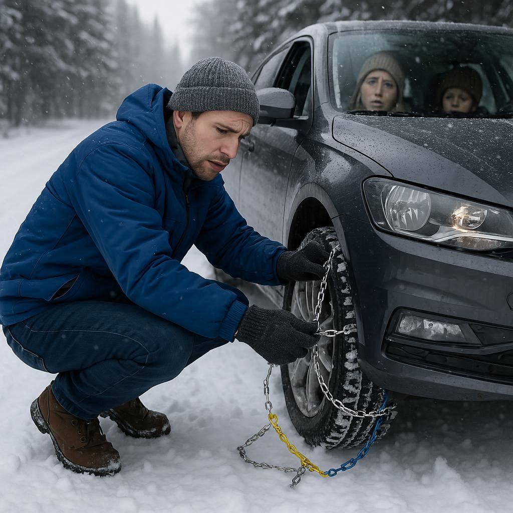 雪道でタイヤチェーンを装着している男性の画像を作って。 車の中には母親と子供が心配そうにしている