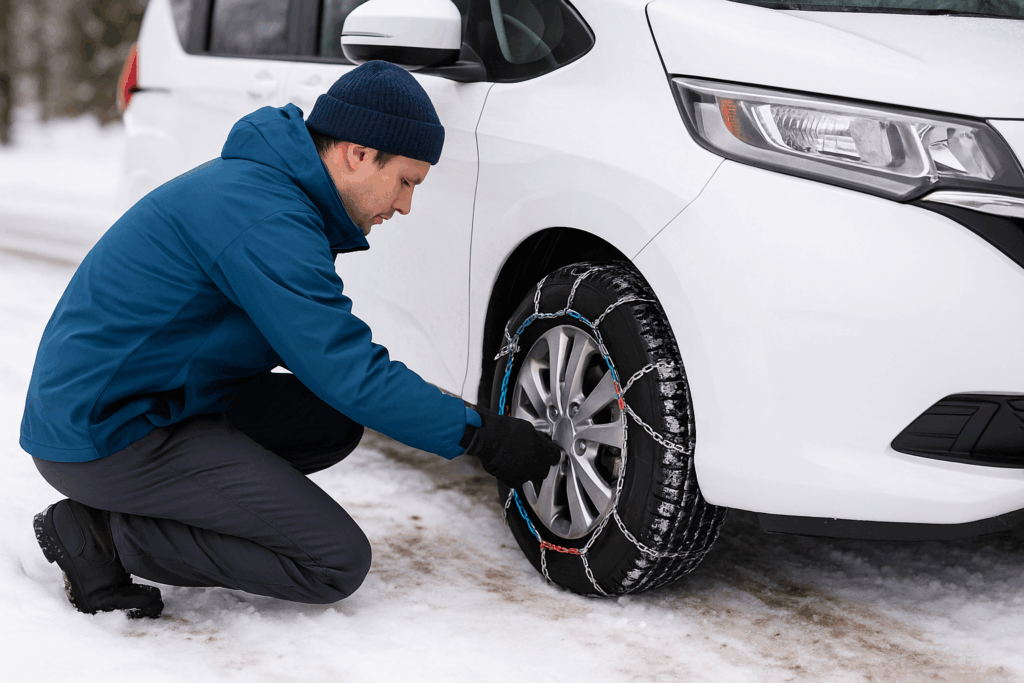 雪道で白いフリードの前輪に金属チェーンを装着する男性。防寒手袋とビーニーを着用し、路面は圧雪とシャーベットが混在している
