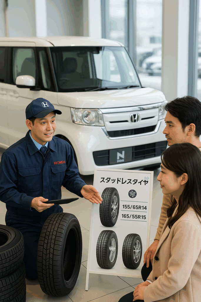 ショールーム内で整備士が白いN-BOXの前で、お客さんにスタッドレスタイヤのサイズ別(155/65R14・165/55R15)や特徴を示したボードを使って解説している場面。