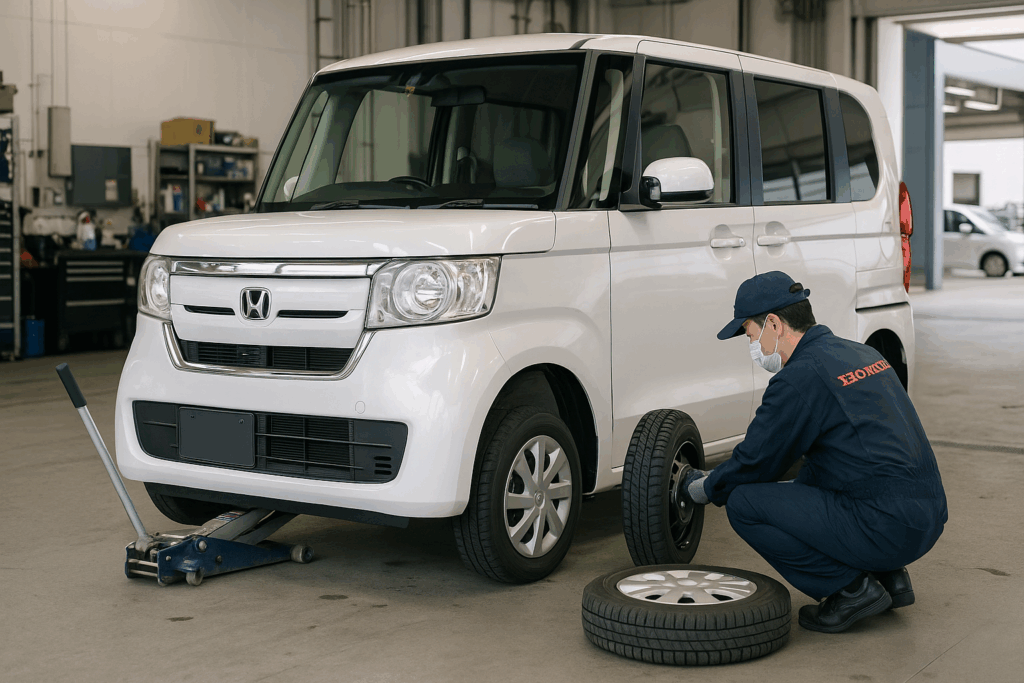 整備士がホンダN-BOXのフロントタイヤを外し、冬用スタッドレスタイヤへ付け替えているディーラー工場内の作業シーン。
