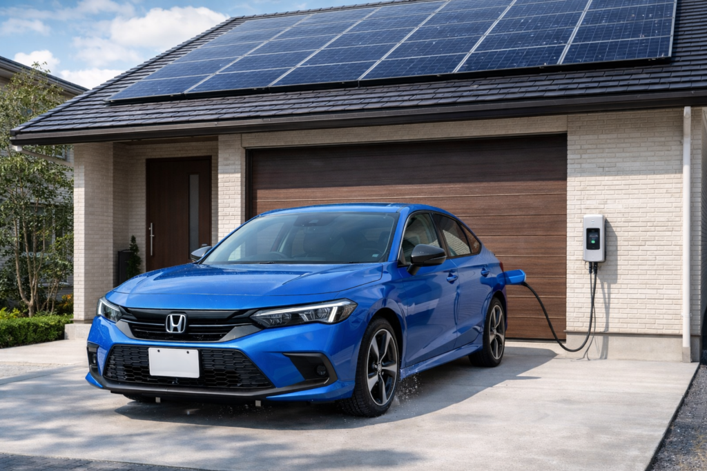 太陽光発電が屋根についている家の駐車場で充電しているホンダ車