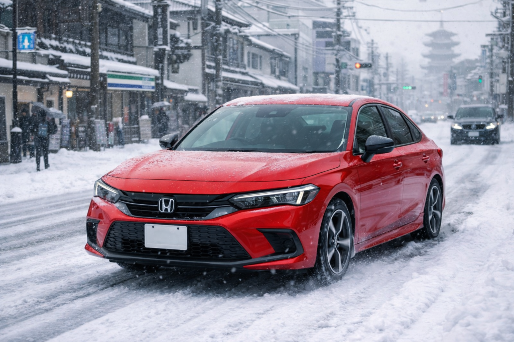 雪国の街中を走るホンダの車