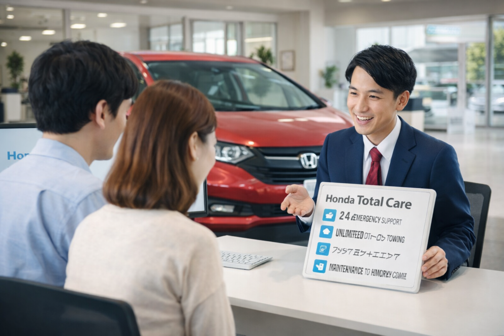 ホンダディーラーで営業スタッフが、ホンダトータルケアの内容をお客様にわかりやすく説明している様子