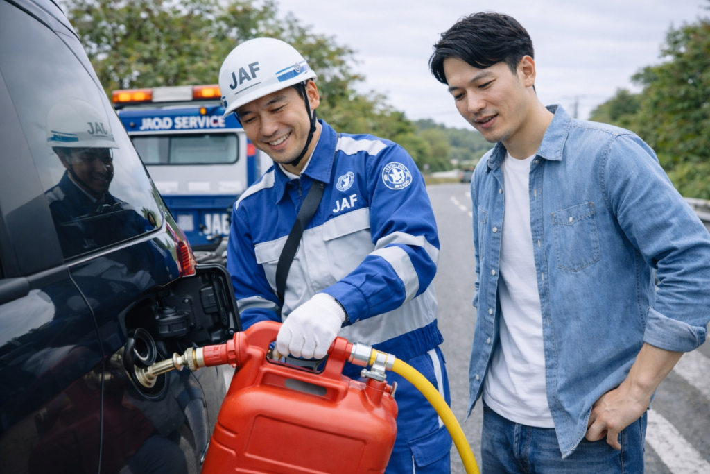 ガス欠になってJAFにガソリンを給油してもらっている様子