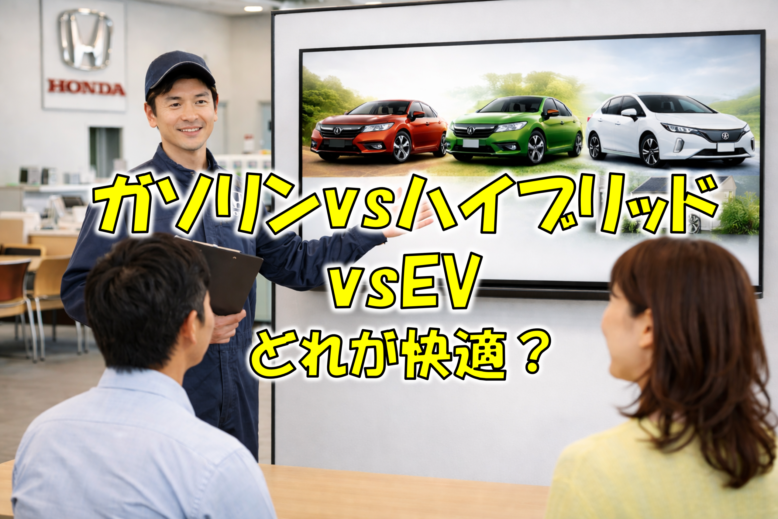 ホンダの整備士がディーラーでお客様にガソリン車・ハイブリッド車・EVの違いをモニターで説明している
