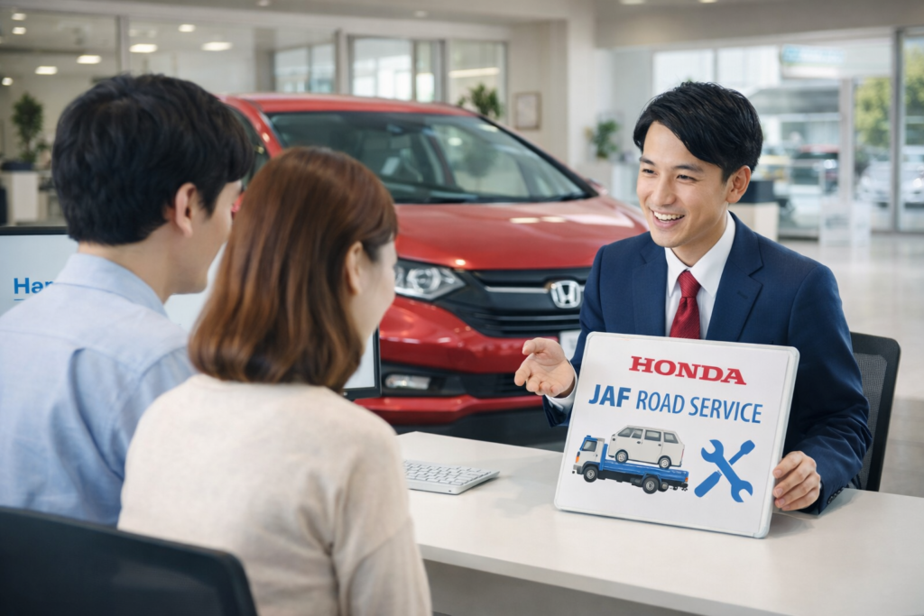 ホンダのディーラーで営業がHonda JAF ロードサービスを家族のお客様に説明している様子