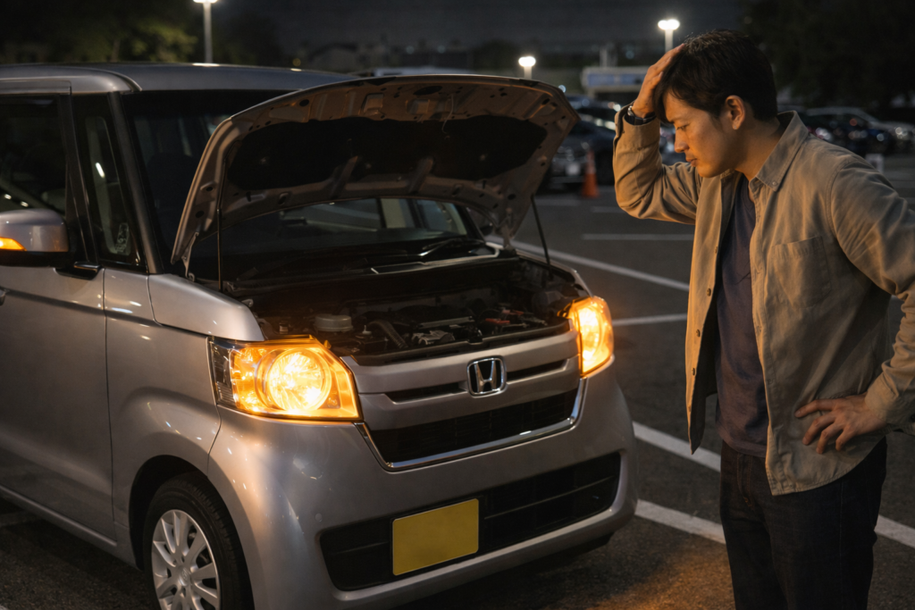 N-BOXがバッテリー上がりして夜の駐車場で運転手が困っている様子