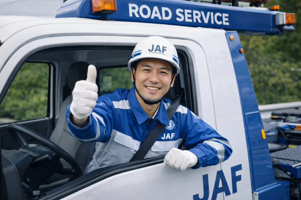 JAFロードサービスの人がレッカー車両がらグッドサインを出している様子