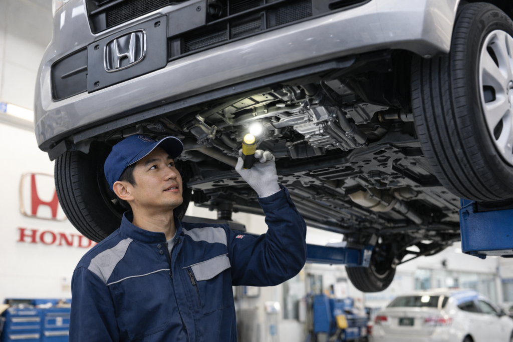ホンダディーラーでN-BOXをリフトで上げて、下回りを点検している整備士の様子