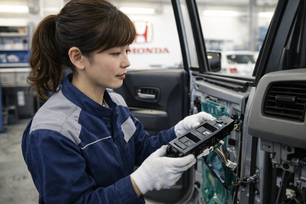 N-BOXの窓の開閉スイッチを交換している女性整備士の様子