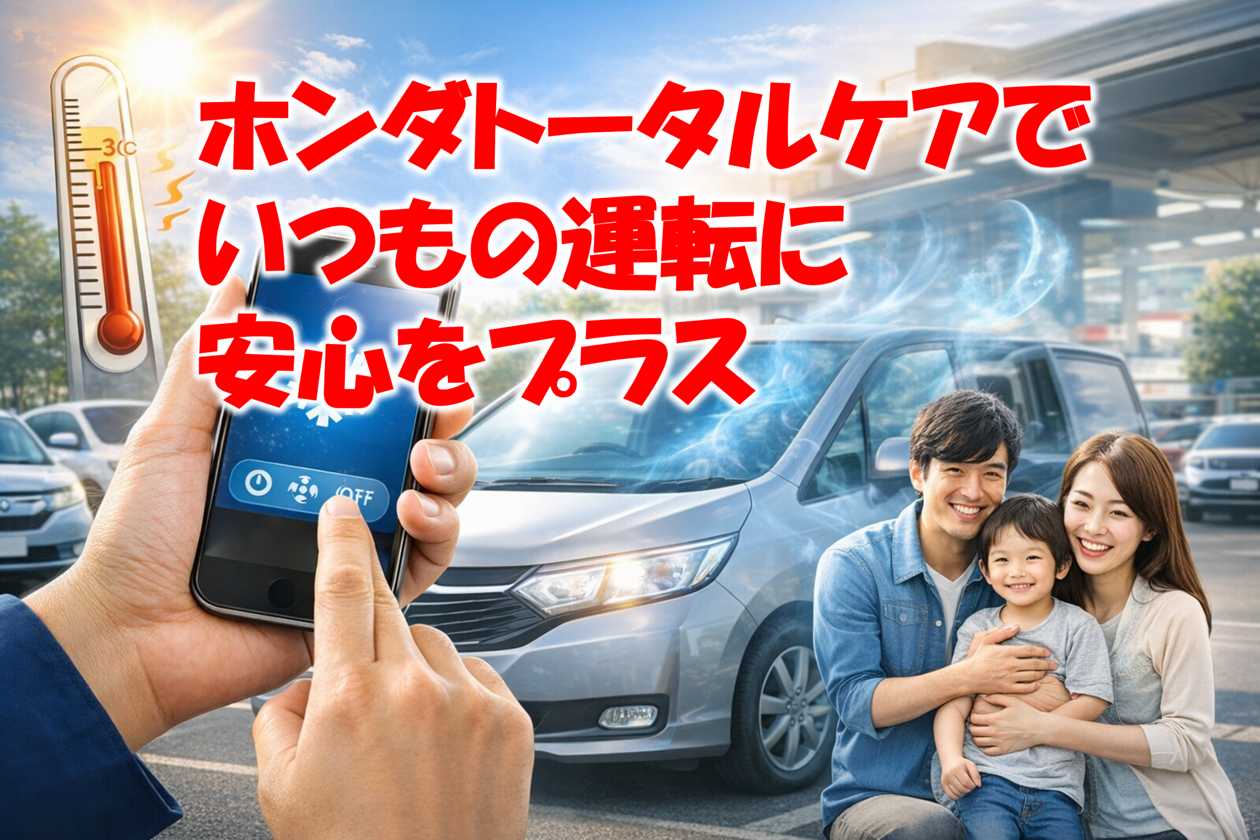 ホンダトータルケアのリモート操作で快適に乗車する家族とホンダ車