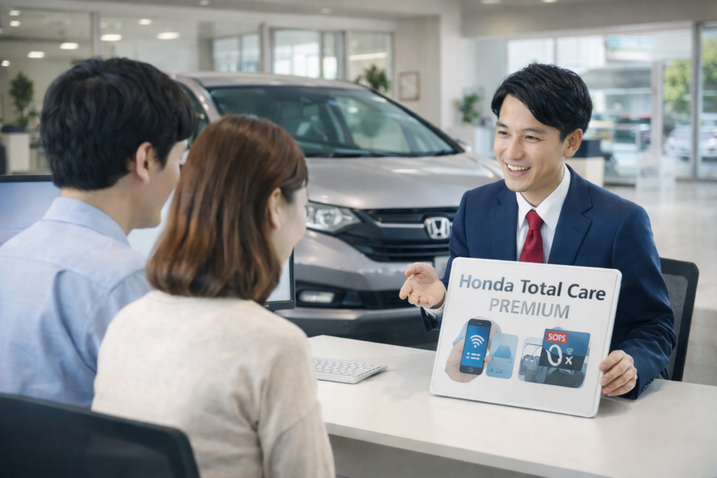 ホンダディーラーで営業がホンダトータルケアプレミアムの説明をしている様子