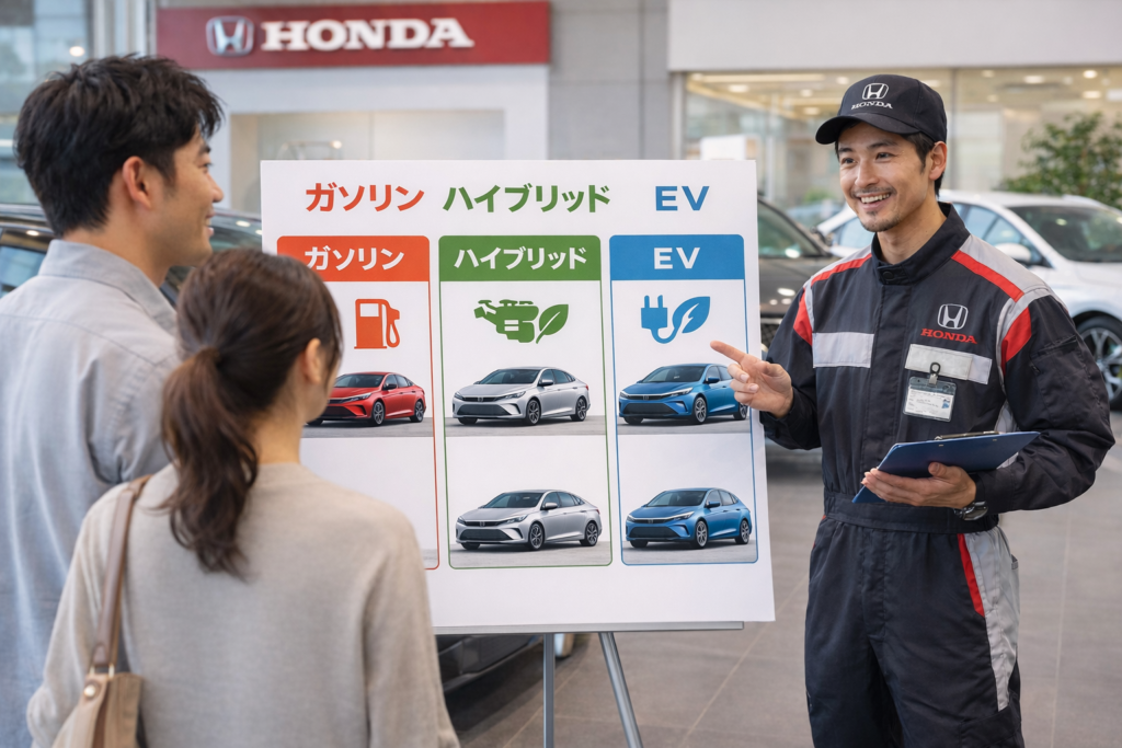 ホンダディーラーで整備士がお客様にガソリン車、ハイブリッド車、EVの違いを説明している様子